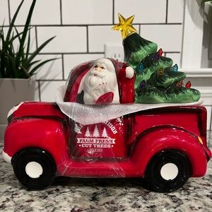 Mr. Christmas red retro truck with lighted Christmas tree ceramic cookie jar